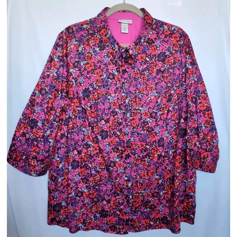 Catherine's Blouse Top Size 2X Floral Pink Purple 3/4 Sleeve Button Down Vibrant